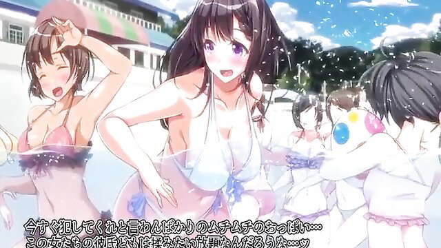 Busty anime 3D girls in skimpy bikinis splashing at sunny beach party