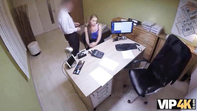 Nata Lee in office with loan shark, blue top, seductive pose