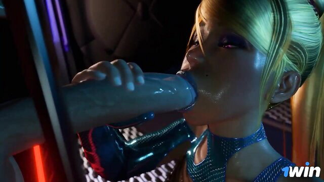 Blonde anime girl with ponytail deepthroating huge blue dildo closeup