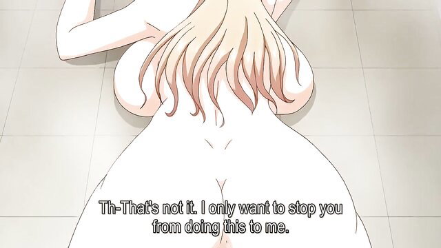 Blonde anime hentai girl with huge tits and ass in doggy pose, embarrassed expression