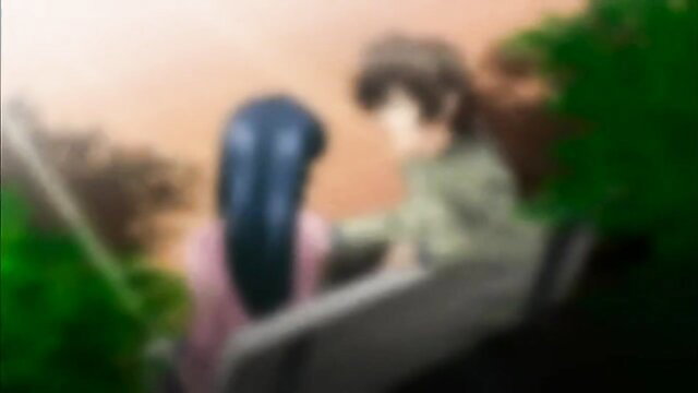 Taimanin Asagi hentai couple in outdoor tease, blue hair girl and boy