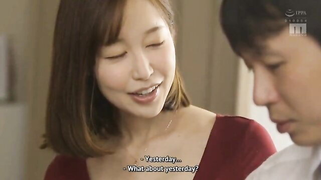 Asian wife in red top asks 'What about yesterday?' intimate closeup