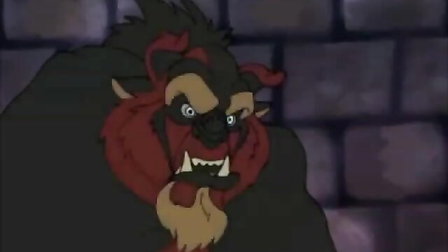 Fierce snarling anthropomorphic beast man with fangs in dark dungeon