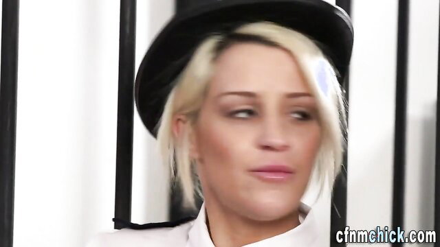 Blonde in top hat and suit smirks seductively behind bars