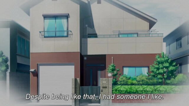 Anime girl stands outside modern house in JAV scene, softcore tease