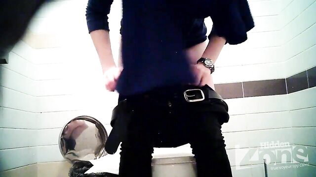 Slim guy pulls down pants in toilet, hidden cam upskirt ass view