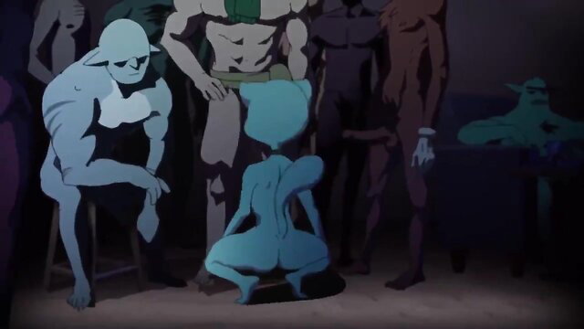 Gumball World Hello World hentai gangbang with blue alien girl surrounded by muscular monsters