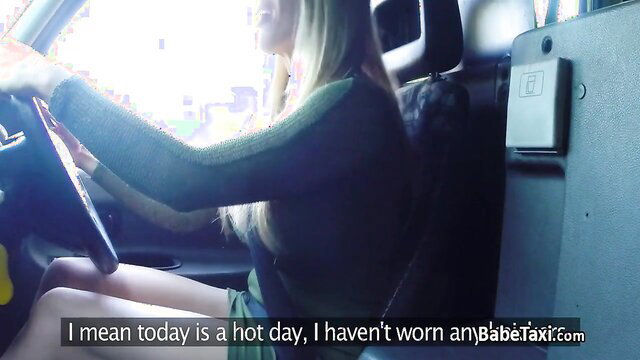 Hot blonde female taxi driver in short skirt, no panties on hot day