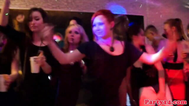 European party teens dancing in club, hot redhead and brunettes in tight dresses