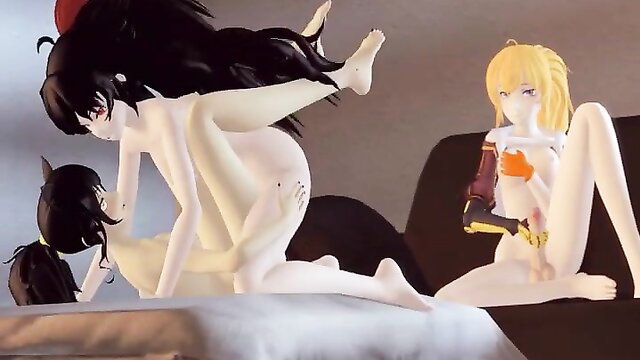 RWBY futa compilation: nude black-haired futas in lesbian pile-on threesome