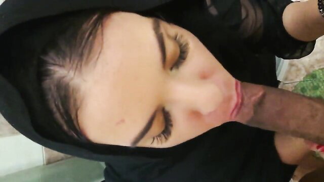 Fatima in hijab gives sloppy POV blowjob in bathroom