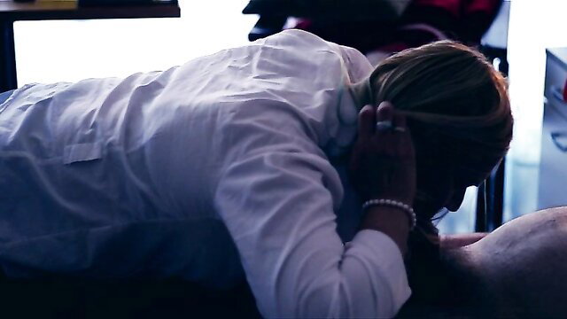 Vicky Wilfing sucking cock on table in white shirt