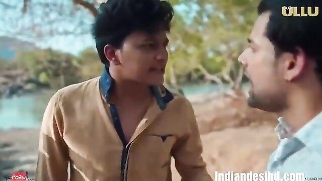 Two hot Indian guys in sexy shirts talk intimately by river, Ullu series