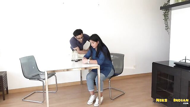 Hot Indian desi teen in blue top jeans caught by cop at table