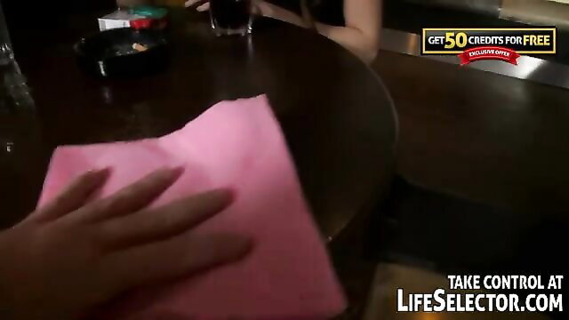 Aletta Ocean wipes table with Marica Hase at bar in Life Selector