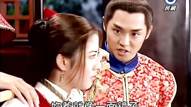 Asian couple in traditional red robes, intimate BDSM scene from JAV movie