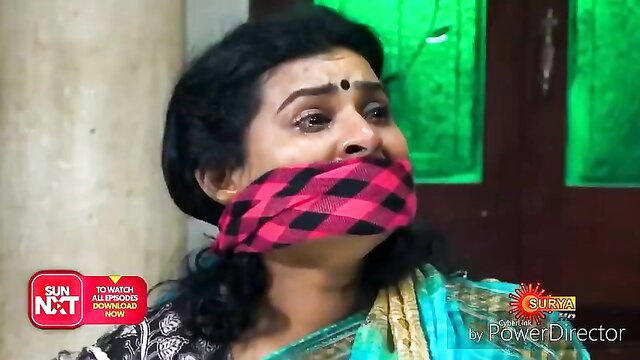 Indian MILF gagged with red plaid cloth in saree, bound captive BDSM