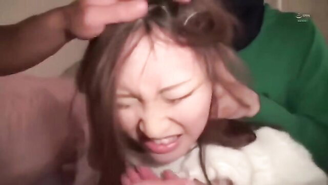 Asian woman with bunny ears in rough BDSM face fuck outdoors attack
