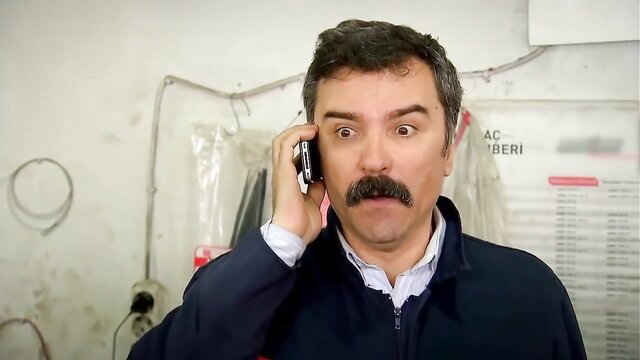 Shocked mature man with mustache on phone in BDSM milf sex scene