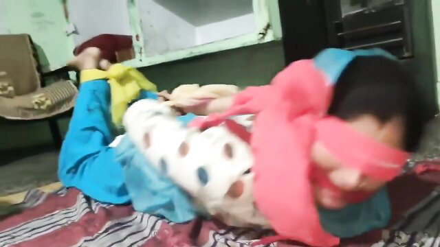 Blindfolded Asian girl bound and barefoot in BDSM escape challenge