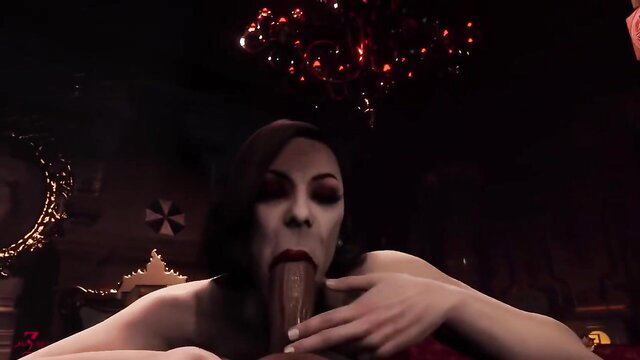 Alcina Dimitrescu hentai deepthroating huge cock closeup