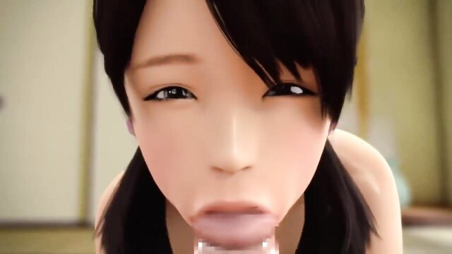 Meik Kono hentai girl with pigtails deepthroating dildo closeup