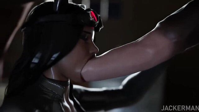Catwoman Selina Kyle deepthroats cock in shiny latex catsuit hentai