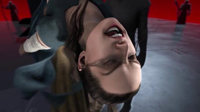 3D Star Wars hentai babe upside down, mouth open in ecstasy, filling holes