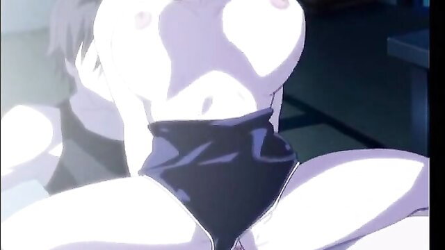 Cute anime girl in black bikini spread legs in steamy hentai threesome