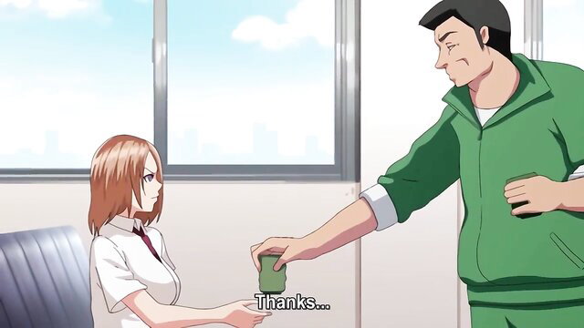 Anime girl in school uniform thanks muscular man handing cash in JAV hentai scene
