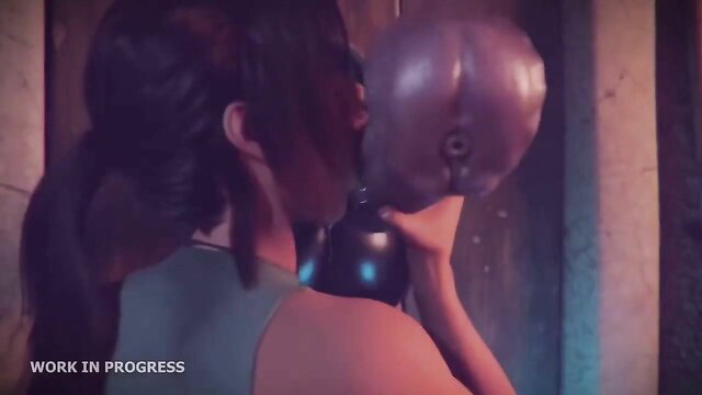 Asian hentai girl kissing huge purple dildo in dim glow