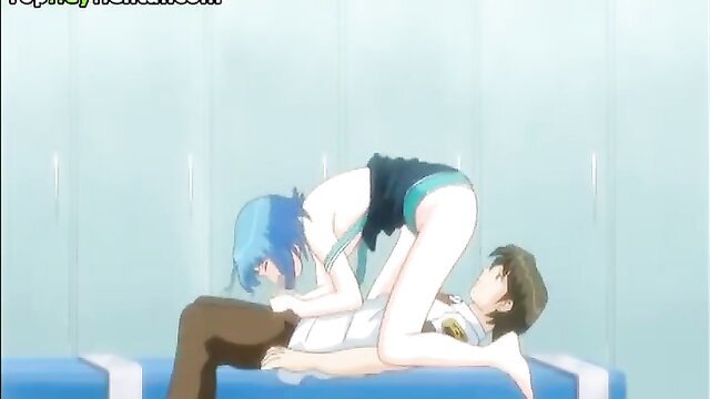 Blue-haired hentai girl rides shy student in steamy cowgirl fuck