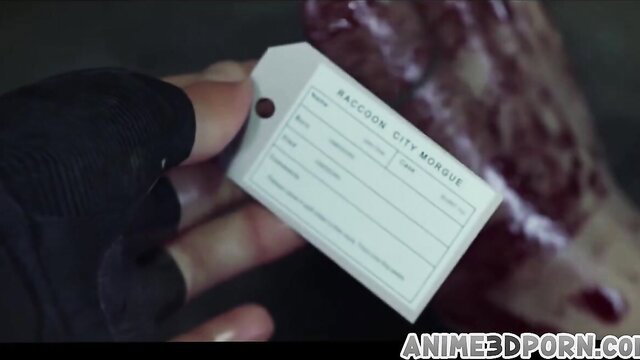 Resident Evil Raccoon City Morgue tag held by gloved hand over bloody zombie corpse hentai