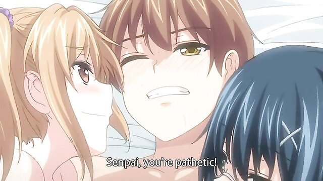 Blonde and blue-haired anime girls mock pathetic brown-haired senpai in Ikkyuu Nyuukon 2 hentai