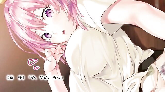 Pink-haired anime girl Komatsuzaki Aya teases with cleavage in share house hentai