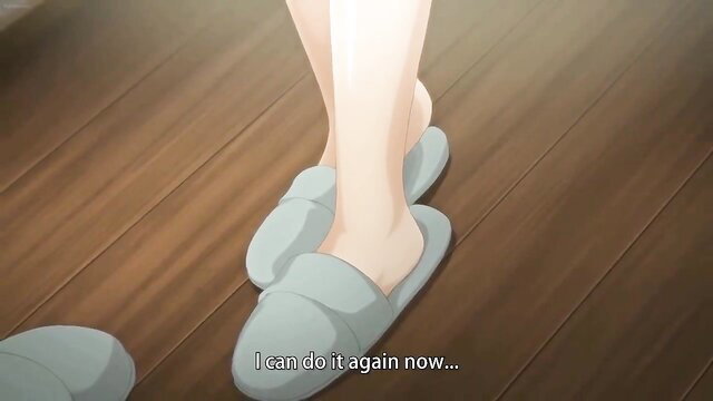 Anime hentai girl in fluffy slippers teases legs, ready for sex