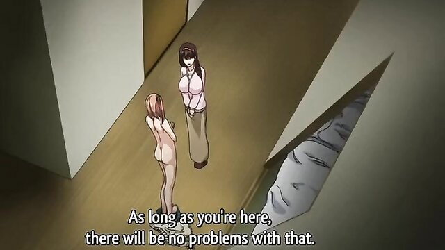 Nude anime girl with orange hair stands naked beside clothed brunette in JAV hentai