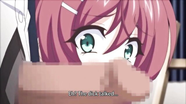 Pink-haired anime hentai girl shocked by censored dick closeup