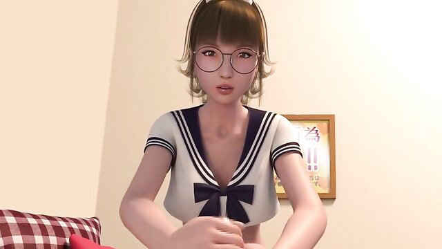 3D hentai tranny schoolgirl in sailor uniform glasses closeup
