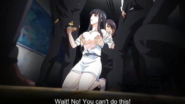 Busty black-haired nurse in JAV hentai gangbang, tits exposed, pleading