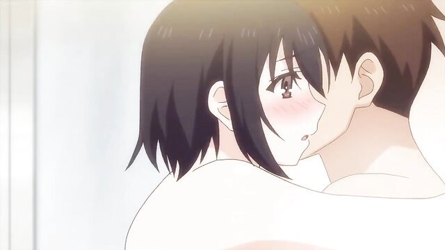 Anime hentai couple kissing passionately, girl embracing nude boy close-up