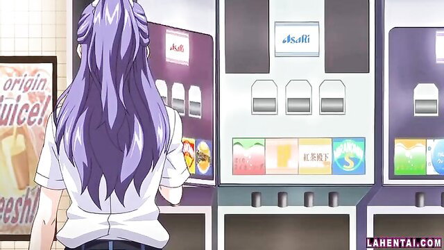 Purple-haired anime girl in tight white tee at vending machine hentai thumbnail