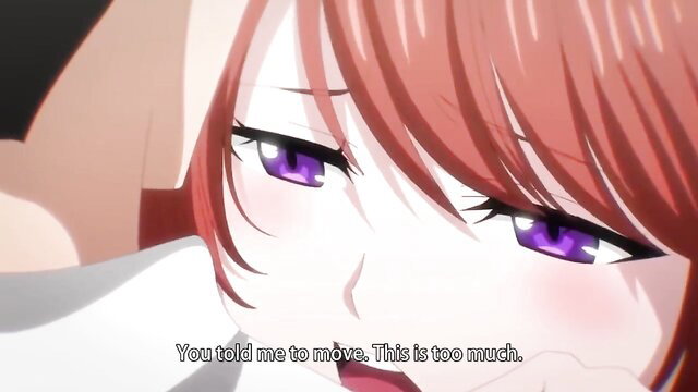 Blushing anime girl with purple eyes says 'You told me to move. This is too much' in hentai scene