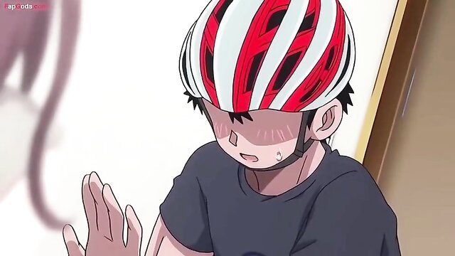 Anime hentai teen boy in bike helmet blushing shyly, explicit JAV porn thumbnail