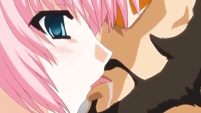 Pink-haired anime hentai girl with blue eyes in close-up kiss