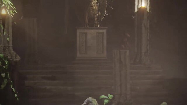 Mysterious hentai girl in dark sacred beast shrine, glowing statue glows
