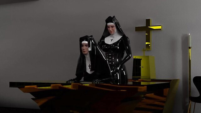 Twin latex rubber nuns in shiny fetish habits posing seductively