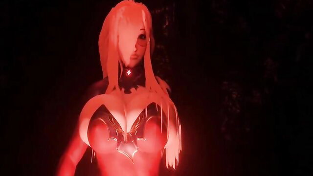 Pink-haired hentai babe in glossy black bodysuit with massive tits dripping glow