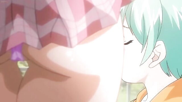 Anime hentai girl with teal hair kissing in pink dress closeup
