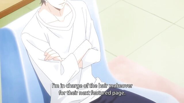 Anime guy in white draped shirt overseeing hentai hair makeover scene